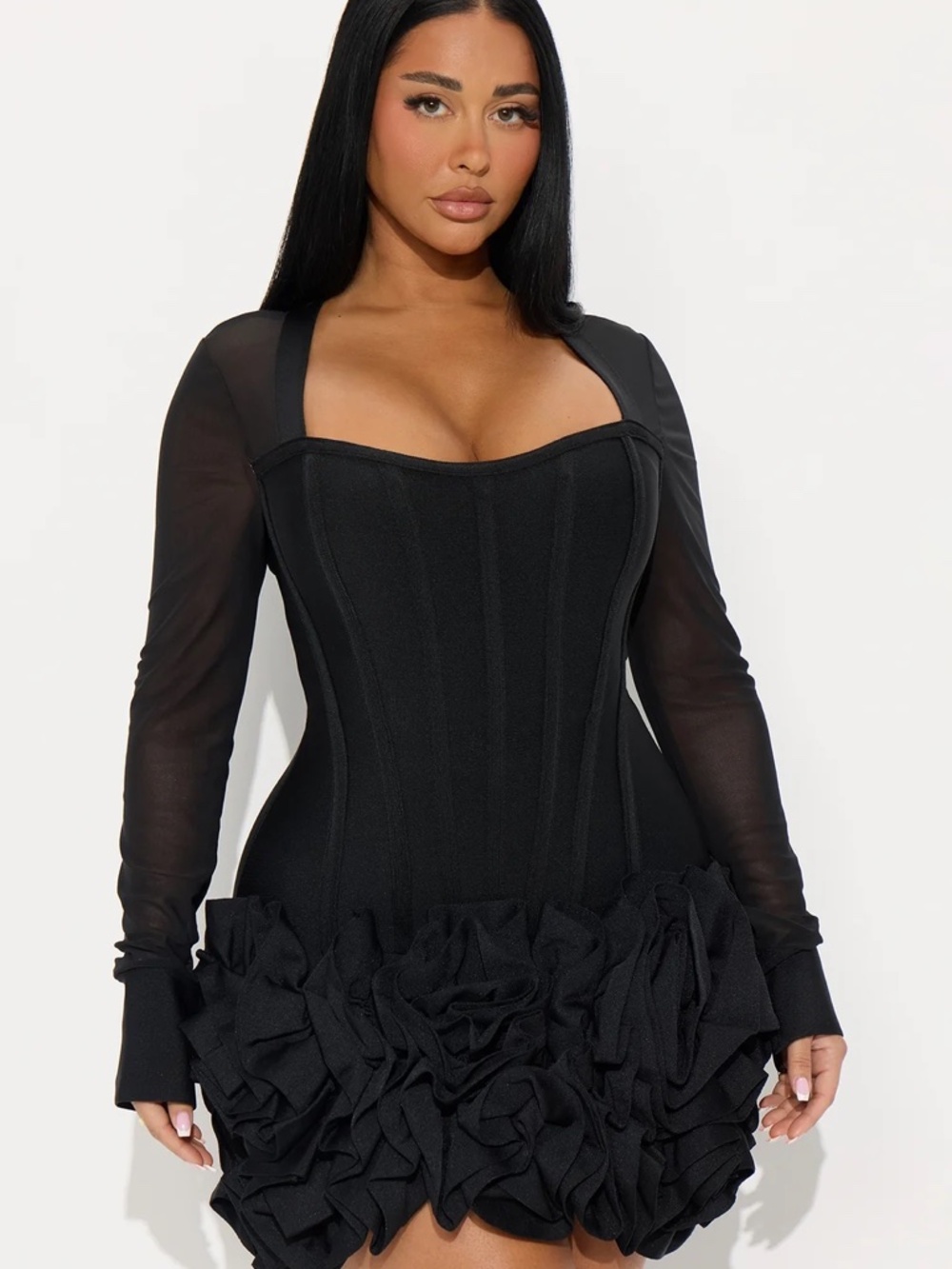 Fashion Nova Blessed Beauty Long Sleeve Ruffle Rosette Bandage Mini Dress L NWT